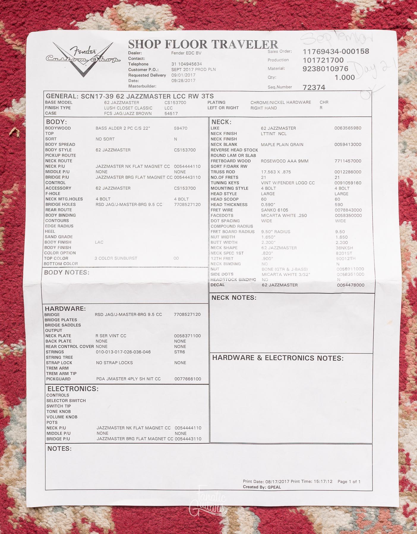 Fender Custom Shop Jazzmaster 62' LCC - 3-Tone Sunburst #R89079 Segunda Mano