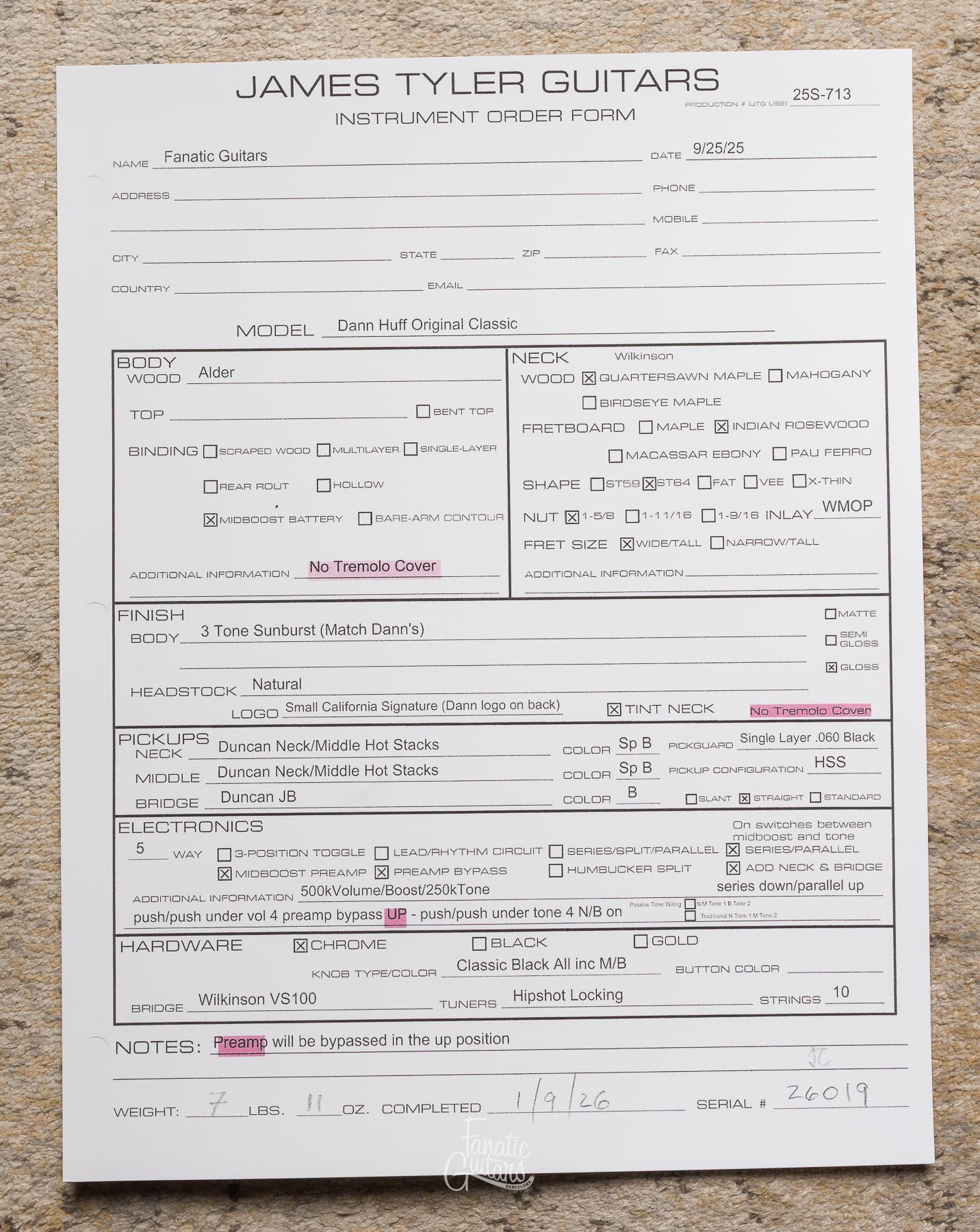 James Tyler Dann Huff Original Classic - 3 Tone Sunburst #26019