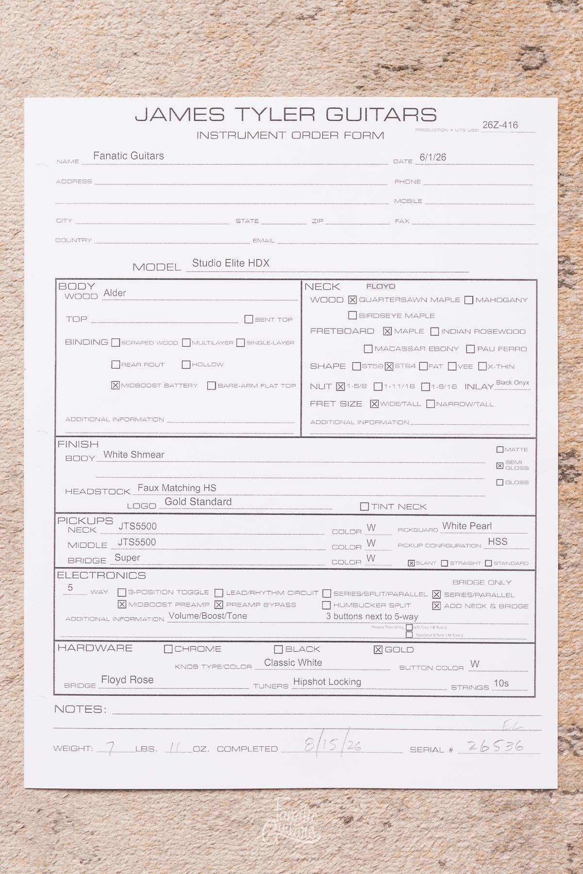 James Tyler Studio Elite HDX - White Shmear #26536