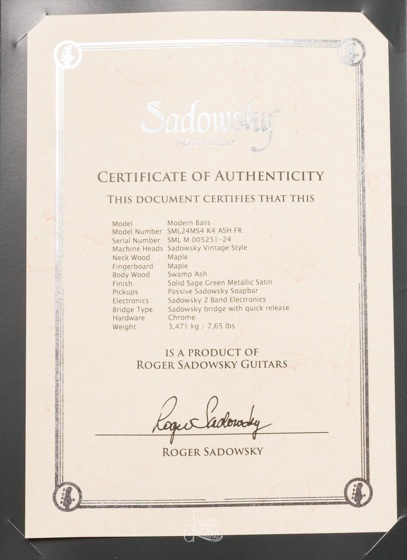 Sadowsky MetroLine 24-4 Modern Swamp Ash - Solid Sage Green Metallic Satin #005251-24 Second Hand