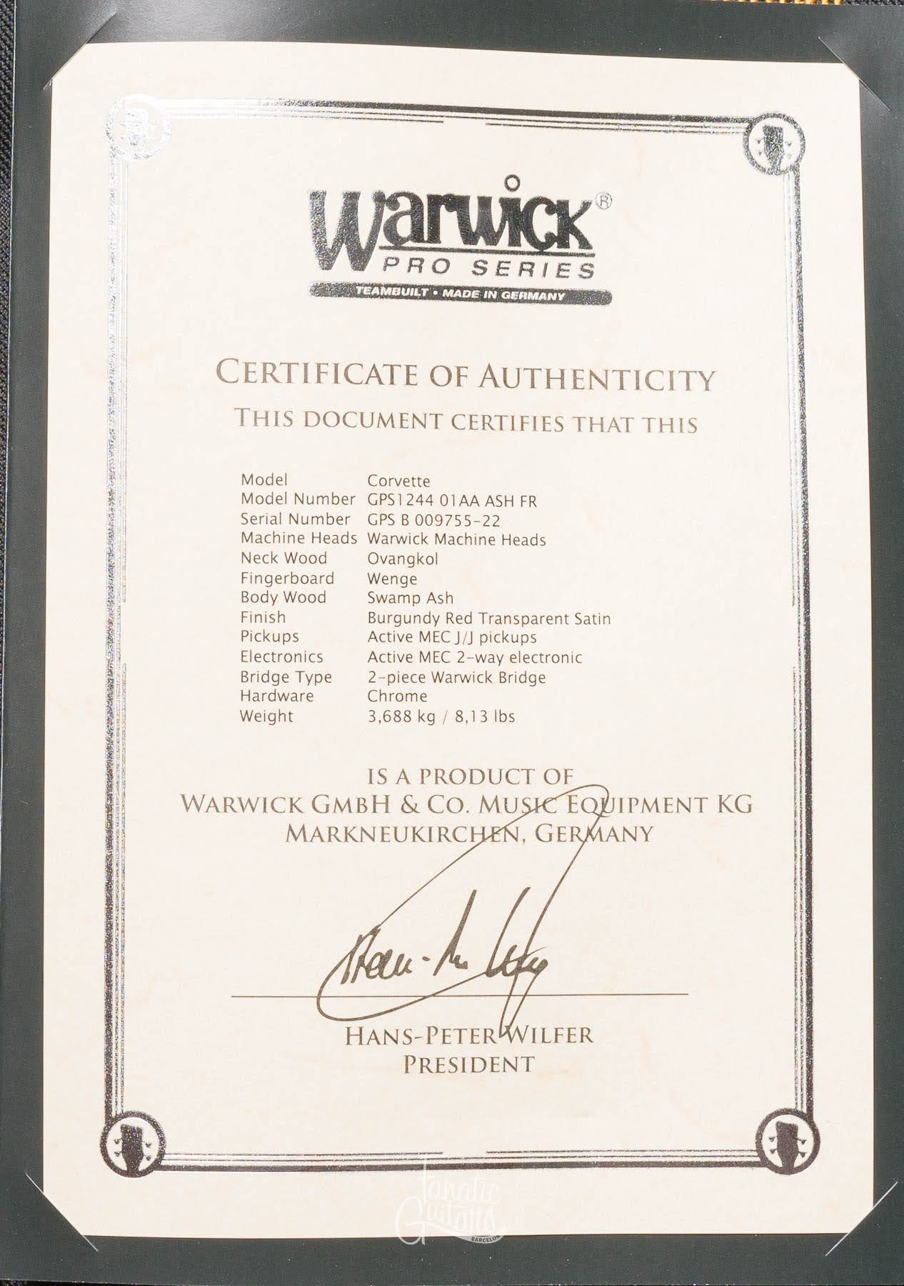 Warwick Teambuilt Pro Series Corvette 4-Cuerdas Burgundy Red #009755-22 Second Hand