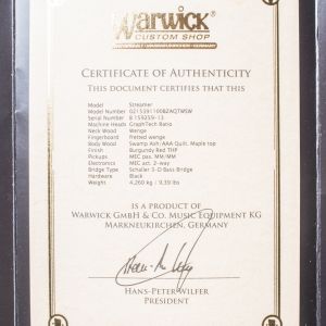 Warwick Custom Shop Streamer $$, 5 - Burgundy Red Transparent HP